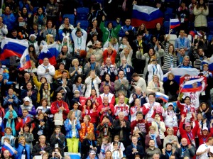 the mostly Russian audience very happy with the Russian skaters